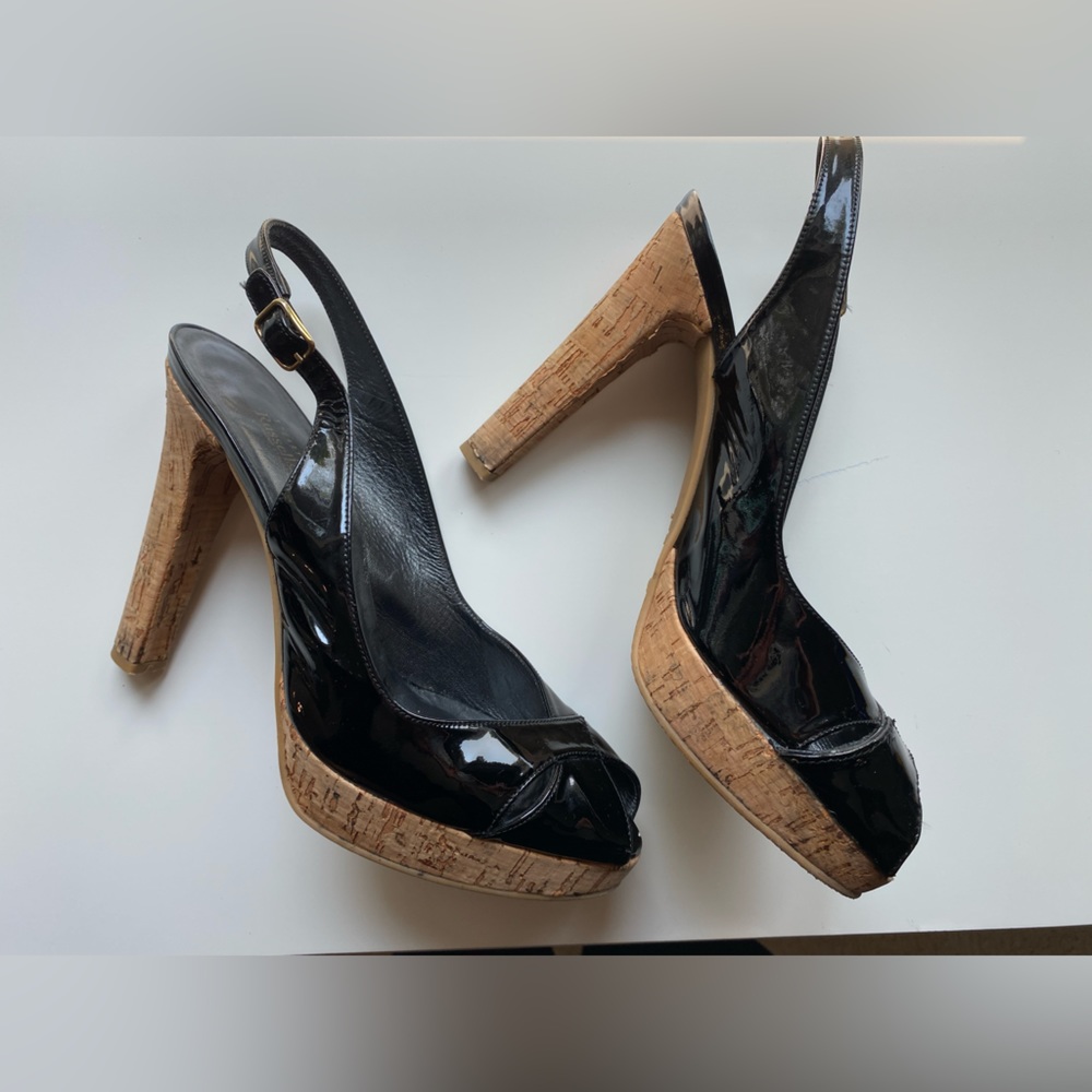 STUART WEITZMAN x RUSSELL BROMLEY Patent Black and Cork Platform Heels 9